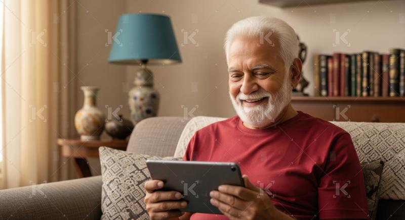 Happy Senior Man Browsing Digital Tablet on Cozy Sofa