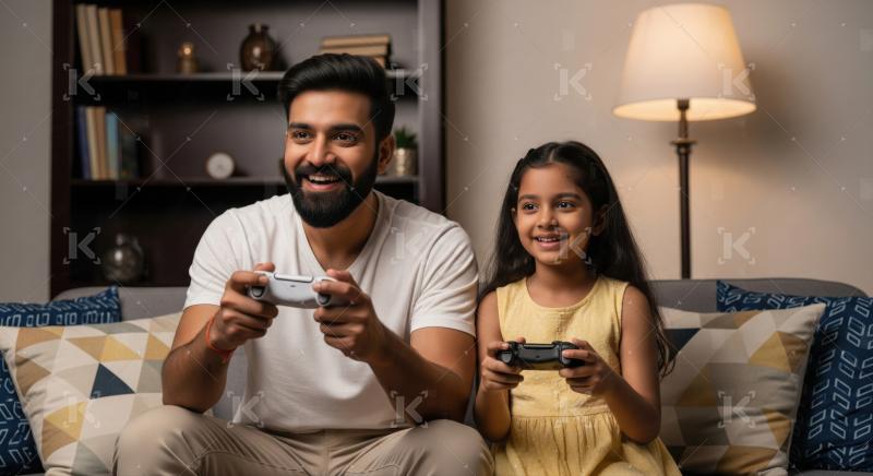 Father and Daughter Happily Playing Video Games Together