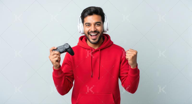 Excited Young Man Playing Video Games with Controller and Headph