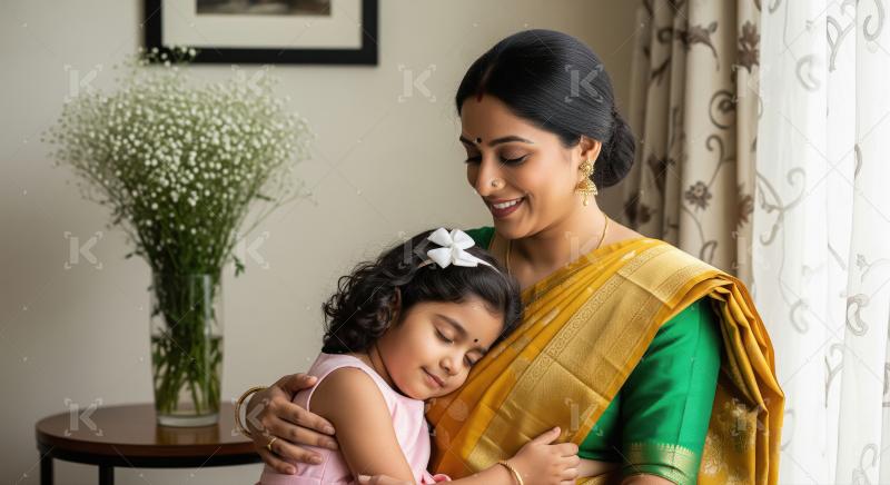 Loving Indian Mother Cradles Her Peaceful Daughter in Warm Embra