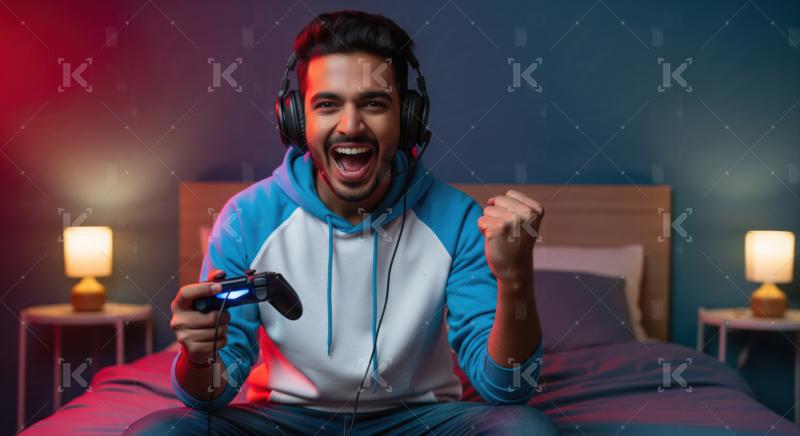 Excited Young Man Gaming, Celebrating Victory in Bedroom