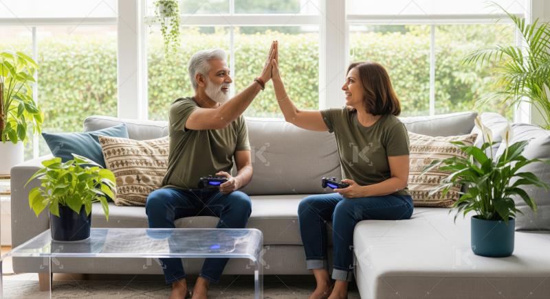 Happy Couple High-Fiving After Successful Video Game Session