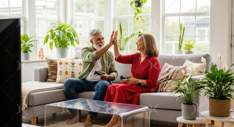 Happy senior couple high-fiving playing video games at home