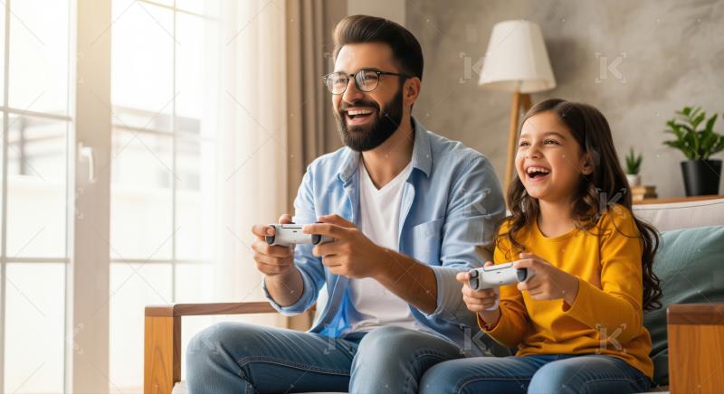 Father and Daughter Joyfully Playing Video Games Together