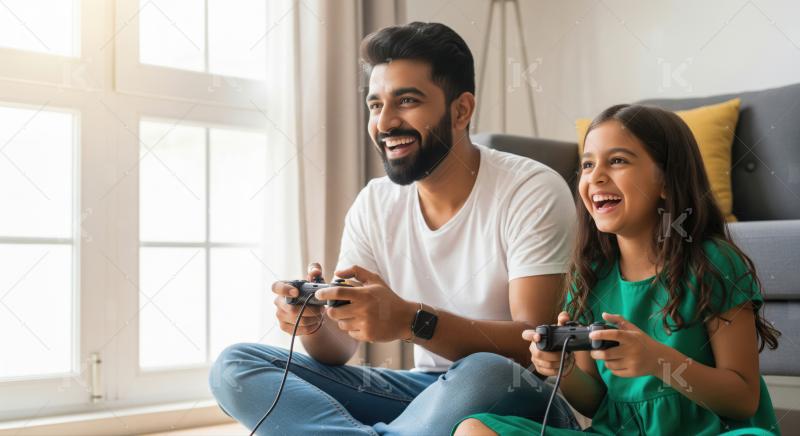 Happy Father Daughter Duo Enjoying Video Games Together At Home