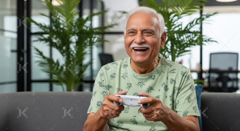 Happy Senior Indian Man Enjoying Video Games with Controller