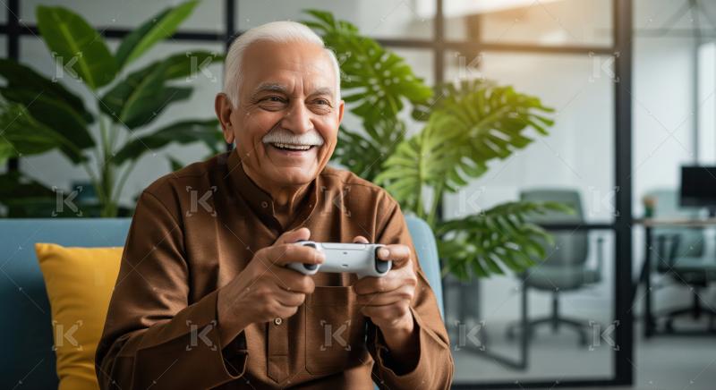 Happy Senior Man Enjoys Modern Video Gaming with Controller