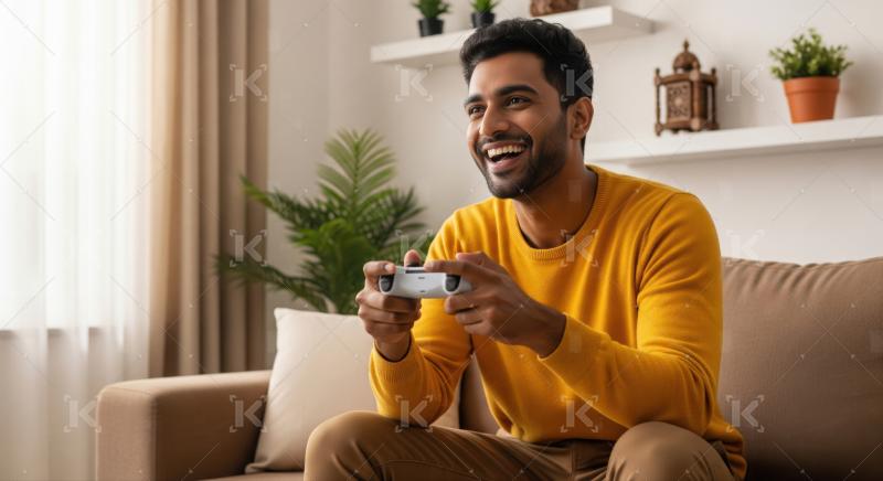 Happy Indian Man Enjoying Video Game on Sofa