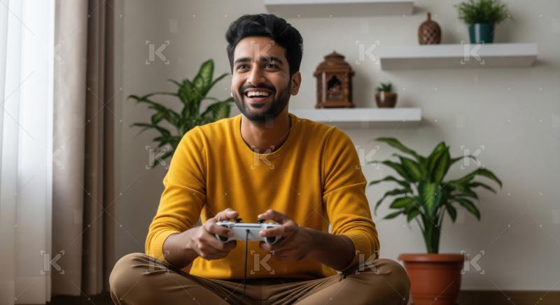 Happy Young Man Playing Video Games at Home