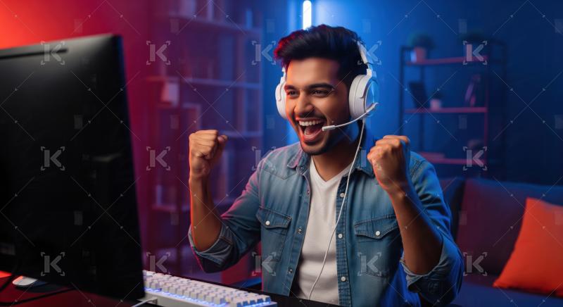 Excited Gamer Celebrating Victory in Neon-Lit Room