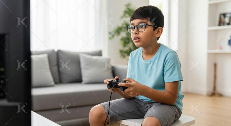 Young Boy Playing Video Games with Intense Focus at Home