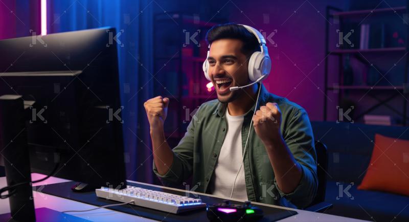 Excited Gamer Celebrating Victory in Neon Lit Room