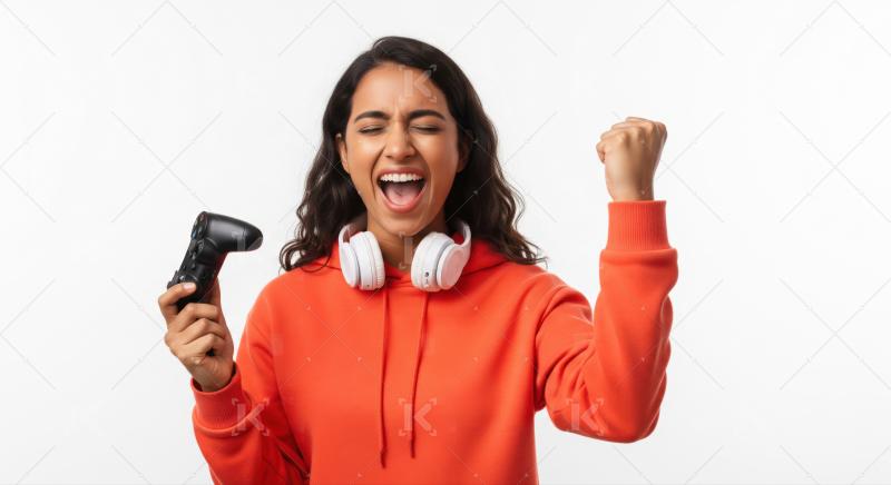 Excited Woman Gamer Celebrating Victory with Controller and Head