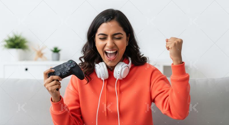 Excited Woman Wins Video Game, Celebrating with Controller