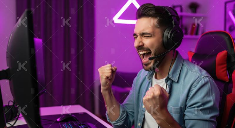 Enthusiastic gamer celebrating online victory in his stylish roo