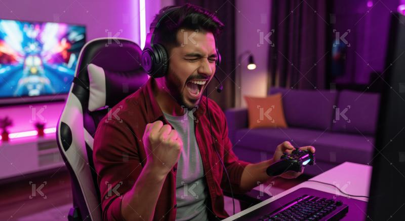 Enthusiastic Gamer Celebrating Victory in Neon-Lit Gaming Room