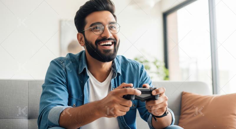 Happy Young Man Enjoying Video Games with Controller at Home