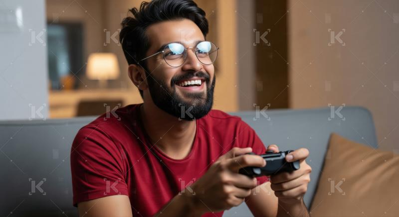 Young man enjoying video games on couch, smiling happily