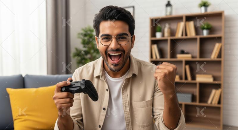Excited Young Man Celebrates Gaming Victory at Home