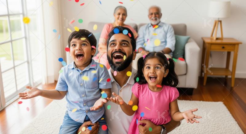 Joyful Indian Family Celebrates with Confetti and Grandparents