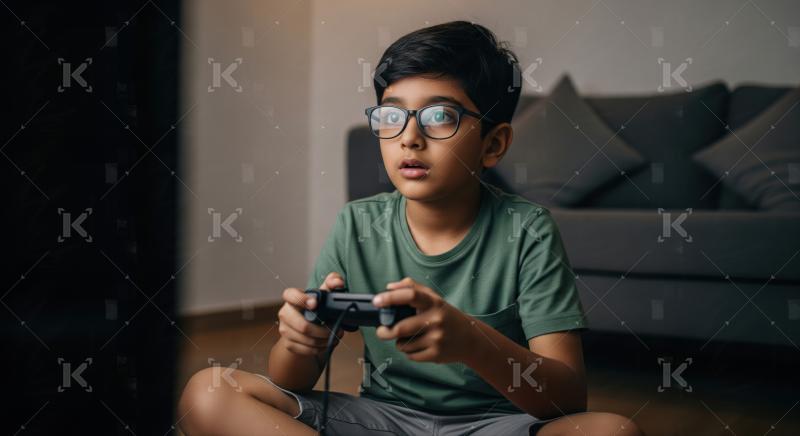 Young Indian Boy Intensely Playing Video Games with Controller