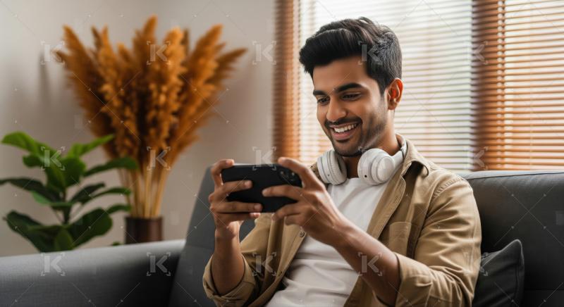Young man smiling, playing mobile game on smartphone
