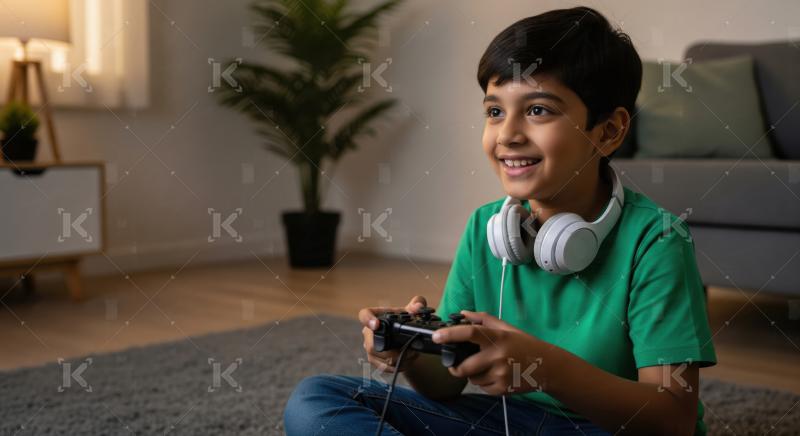 Happy Indian Boy Playing Video Games with Controller at Home