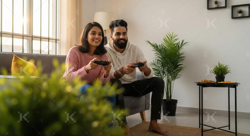 Happy Young Indian Couple Playing Video Games at Home