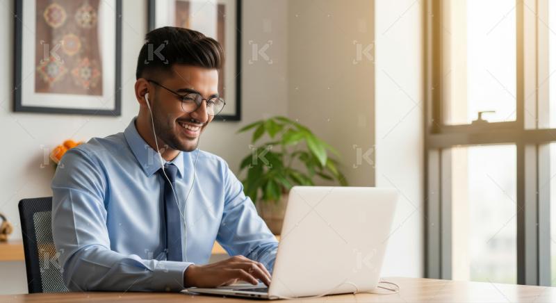 Smiling Man in Earphones Working on Laptop at Home Office