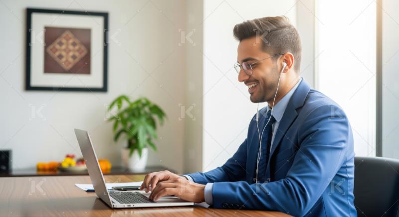 Young Professional Working on Laptop with Earphones in Office