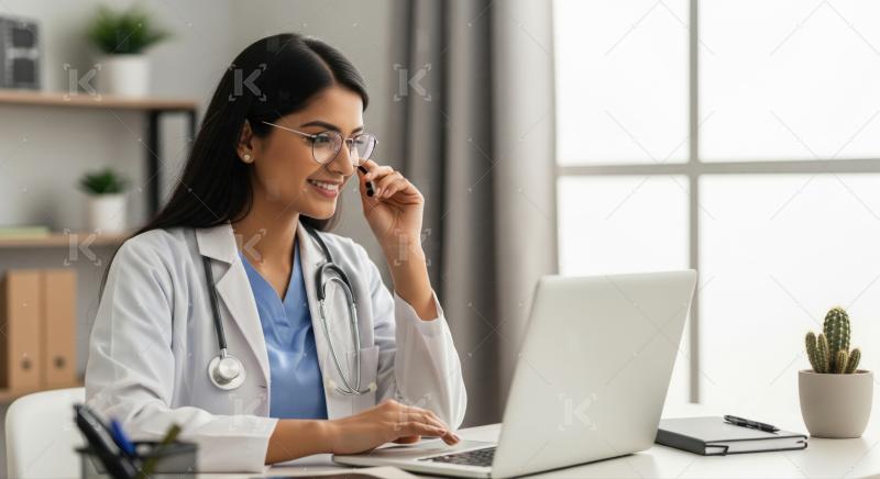 Young Indian Female Doctor Working on Laptop in Modern Clinic