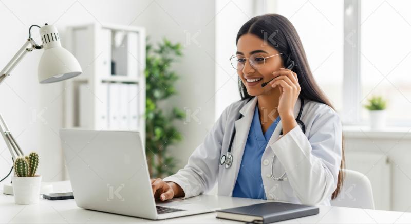 Smiling female doctor offers online medical consultation service