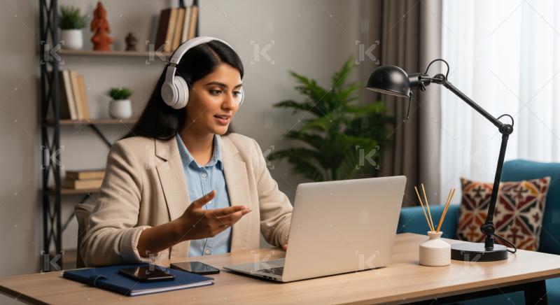 Young Professional Woman on Video Call in Home Office