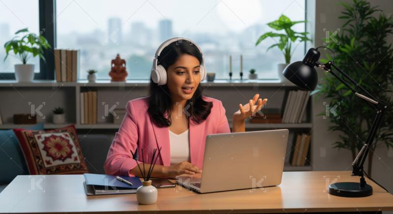 Indian Woman in Headphones on Laptop Video Call at Home Office