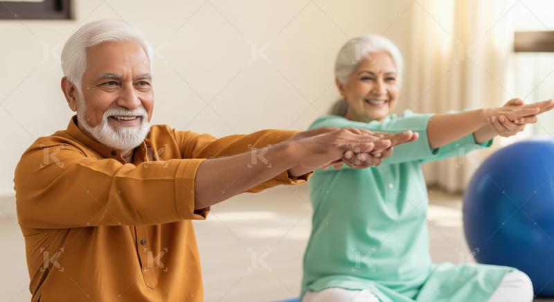 Happy Senior Indian Couple Enjoying Morning Yoga Stretching