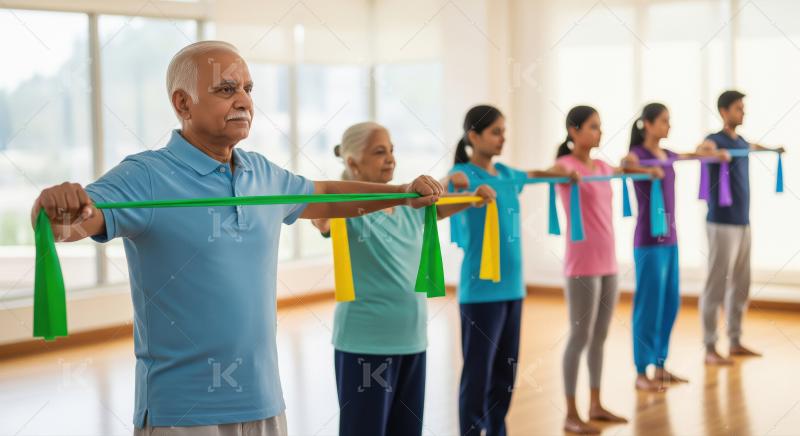 Multi-generational group exercising with resistance bands in a b
