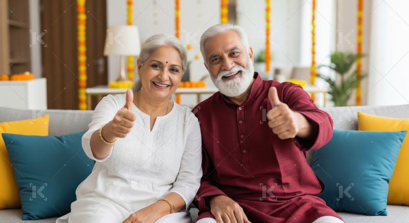 Happy Indian Senior Couple Giving Thumbs Up at Home