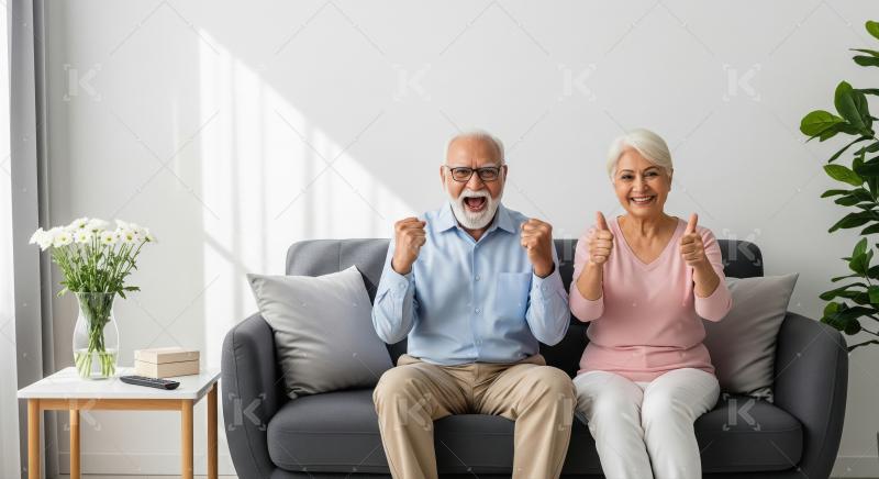 Happy Senior Couple Celebrates Success with Joyful Victory Gestu