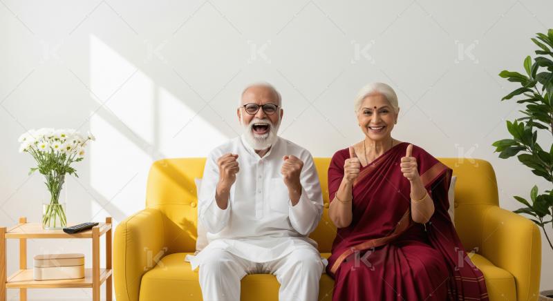 Excited Indian Senior Couple Celebrating Joyfully on Yellow Sofa
