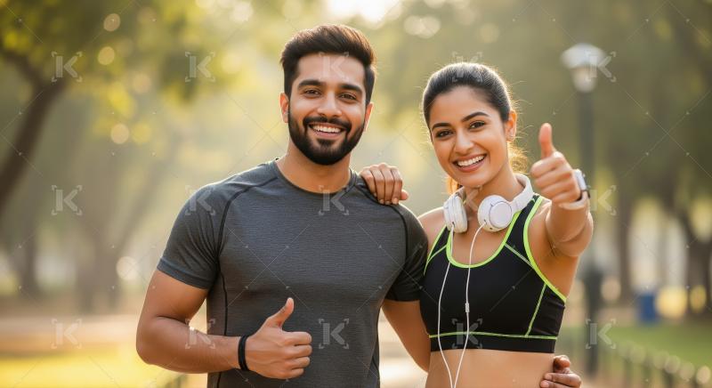 Joyful fitness pair giving thumbs up in sunny park.