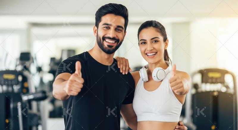 Happy Indian Couple Giving Thumbs Up in Gym