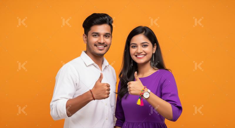Happy Indian Couple Giving Thumbs Up on Orange Background
