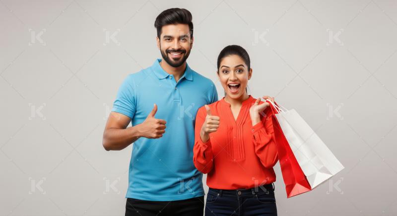 Happy Indian Couple Shopping Together, Thumbs Up