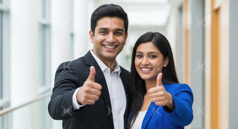 Happy Business Colleagues Showing Thumbs Up in Modern Office