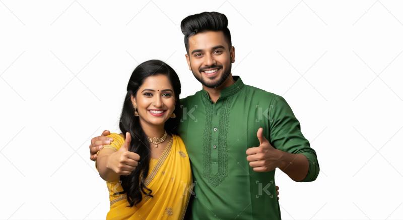 Happy Indian Couple Thumbs Up on White
