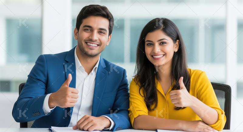Happy Indian Business Professionals Giving Thumbs-Up in Office.