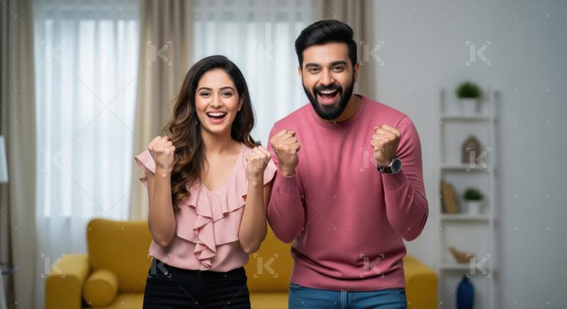 Young Indian Couple Cheering Success with Excitement in Home
