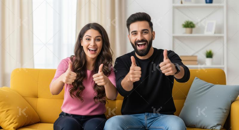 Happy Couple Giving Thumbs Up on Yellow Sofa