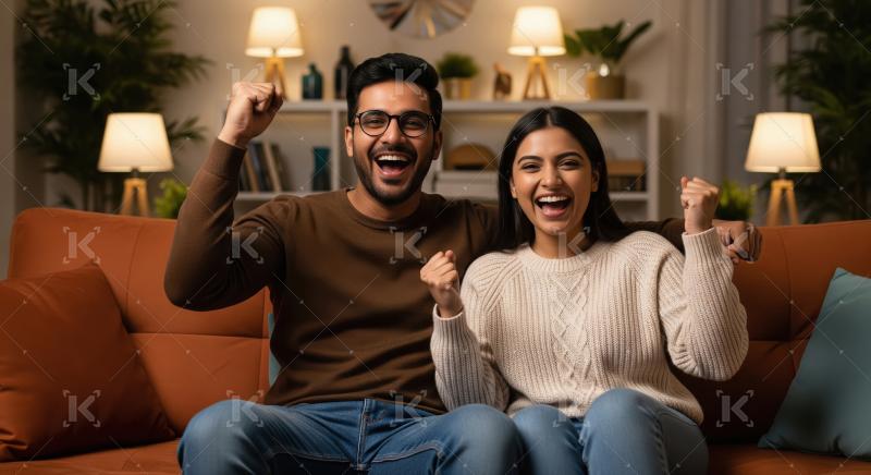 Happy Indian Couple Celebrating Success and Joyfully Cheering at