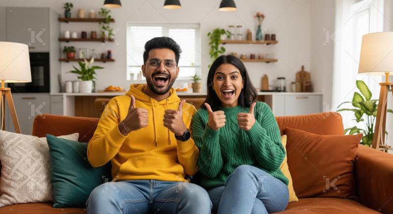 Happy Indian Couple Showing Thumbs Up on Sofa
